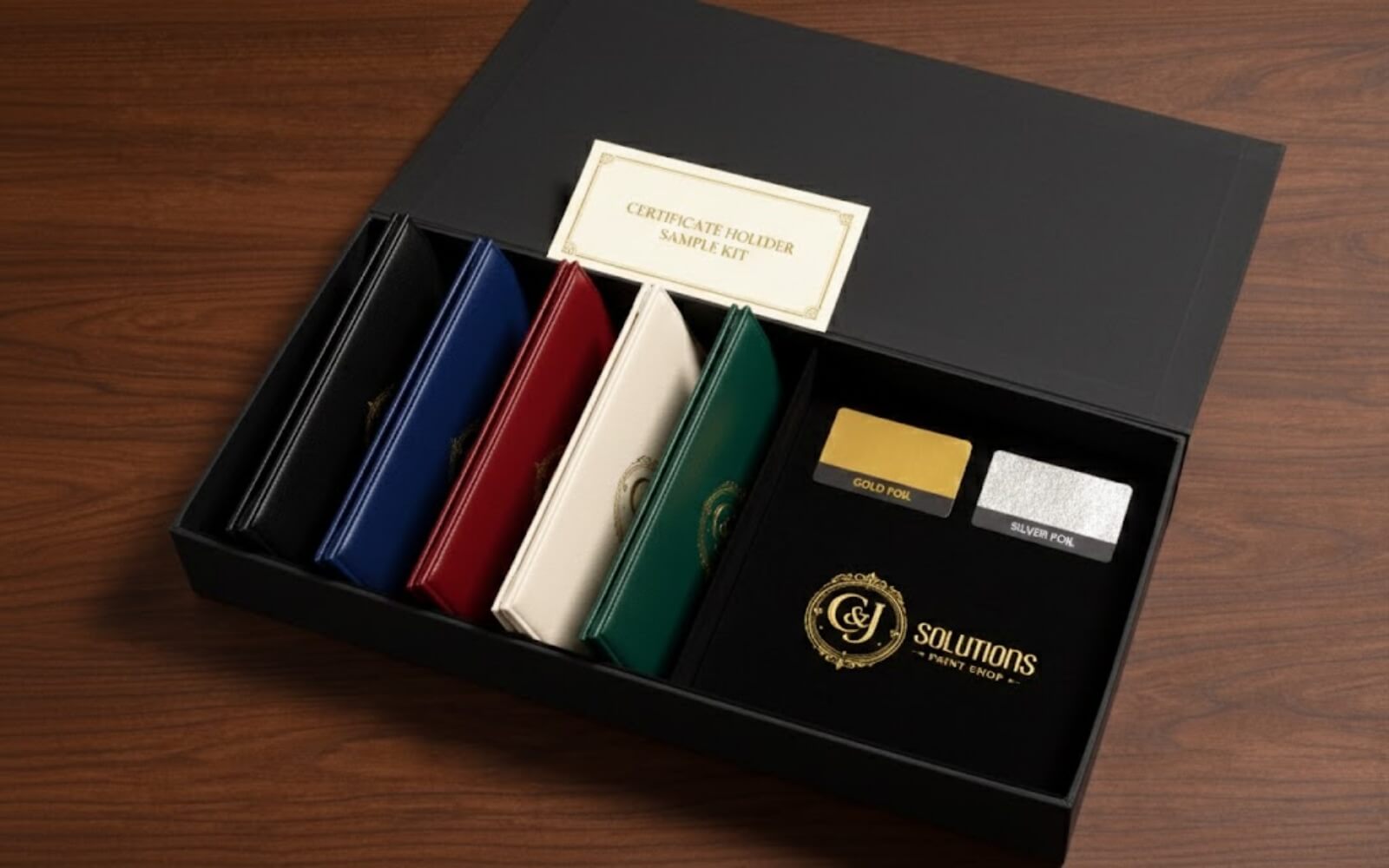 C&J Solutions sample kit with diploma cover examples and finish swatches